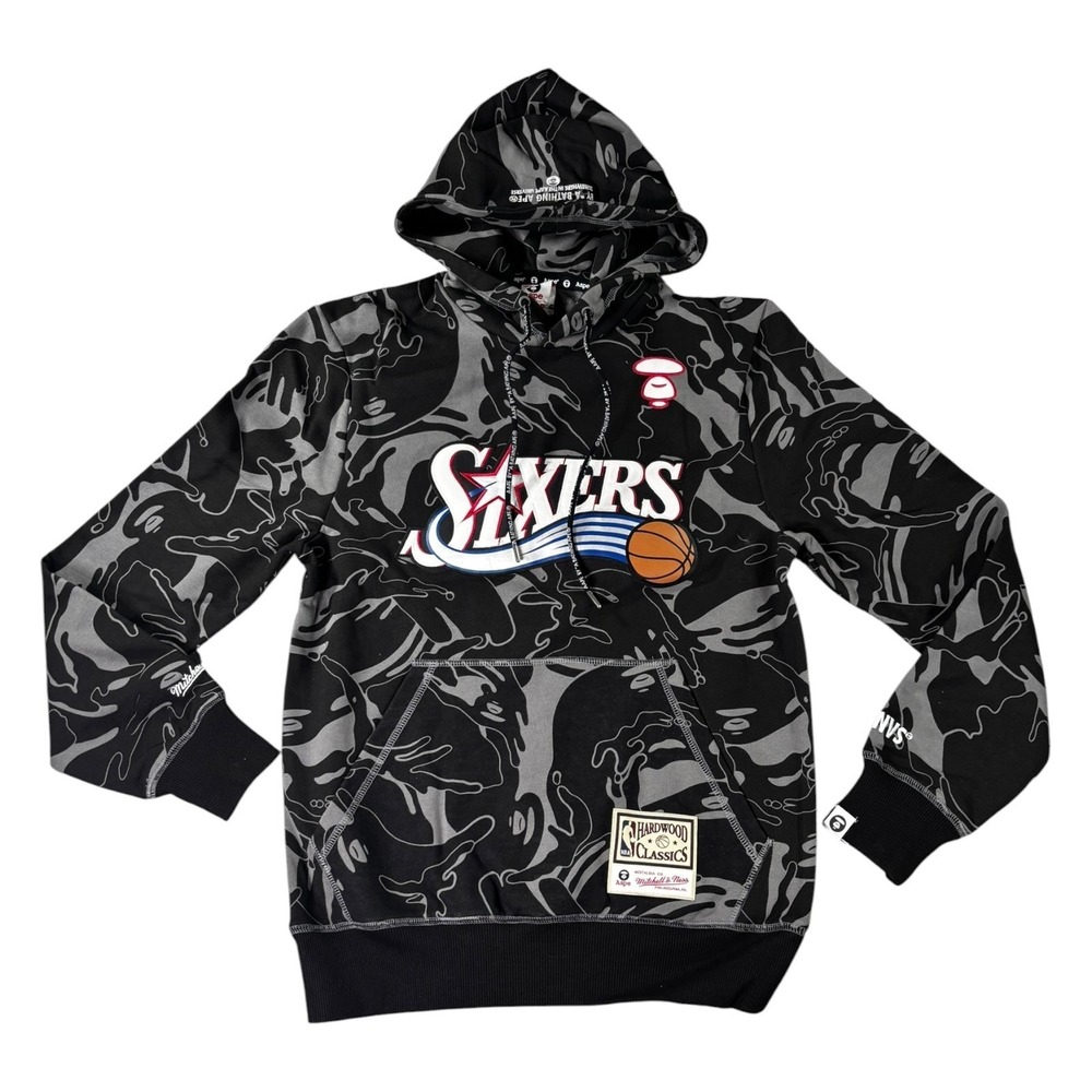 AAPE x Mitchell & Ness Philadelphia 76ers Camo Hoodie Black Grey Mens Small NEW